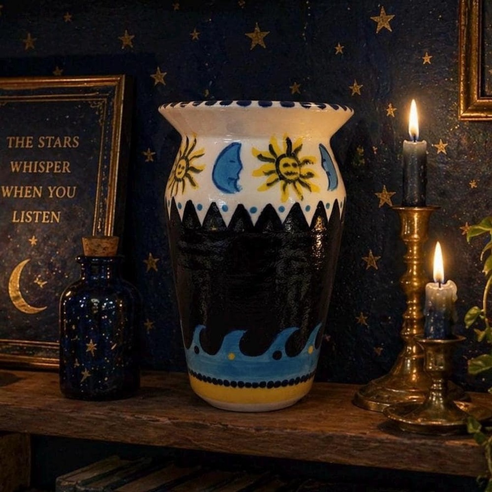 Vintage Painted Celestial Pottery Ceramic Vase Signed 6.75"